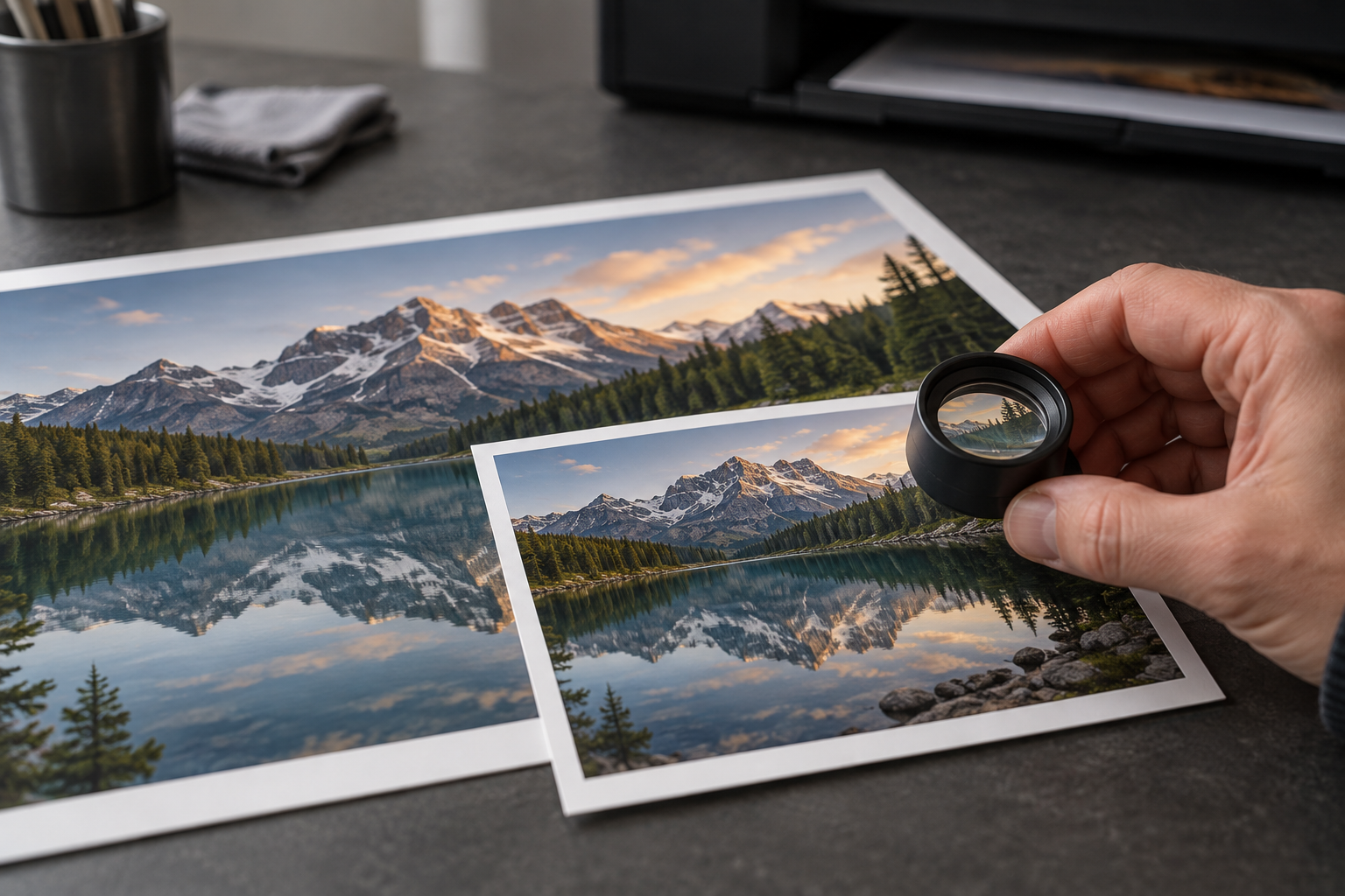 A hand uses a loupe to inspect two different-sized prints of a mountain lake photograph.