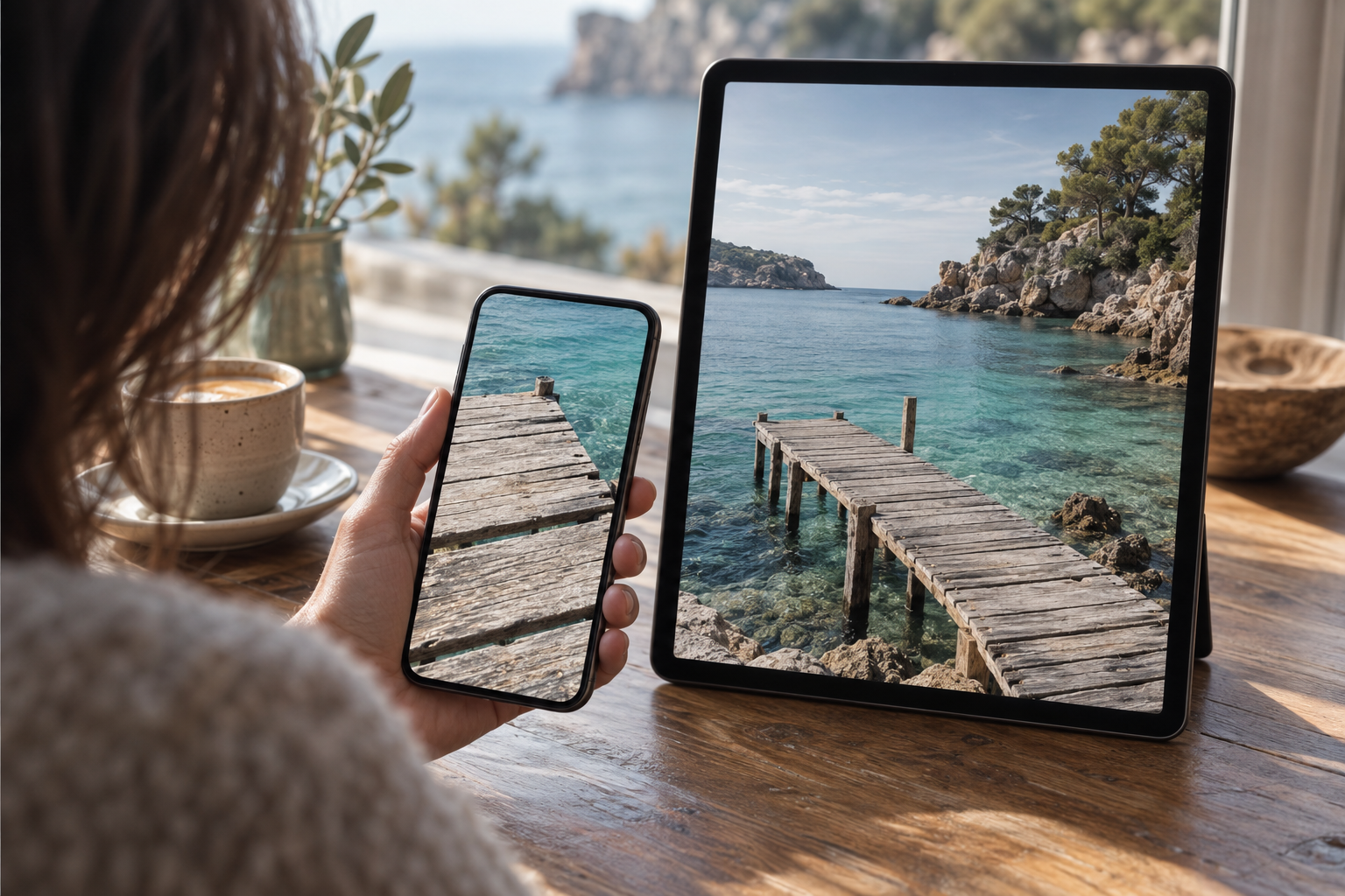 A person compares a cropped photograph on a phone with a wider version displayed on a tablet.