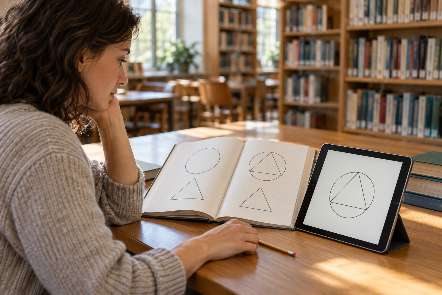 An adult learner compares geometric diagrams in an open book and on a tablet at a library table.