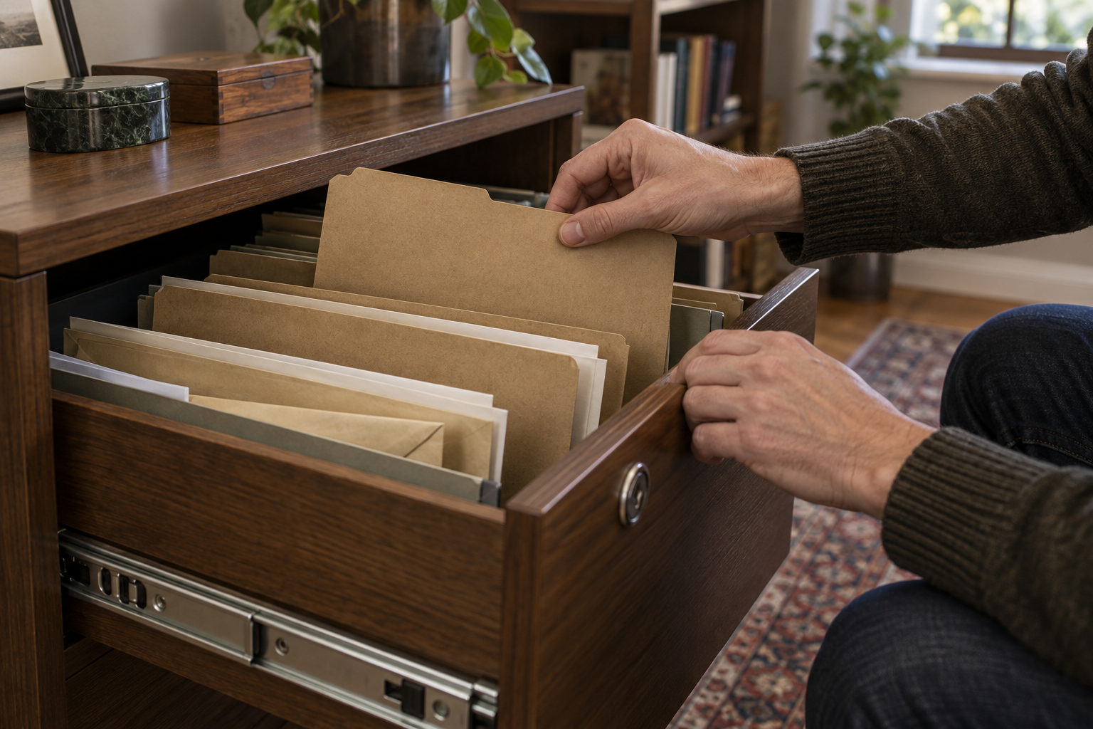 Hands select a plain document folder from a lockable filing drawer containing organized personal records.