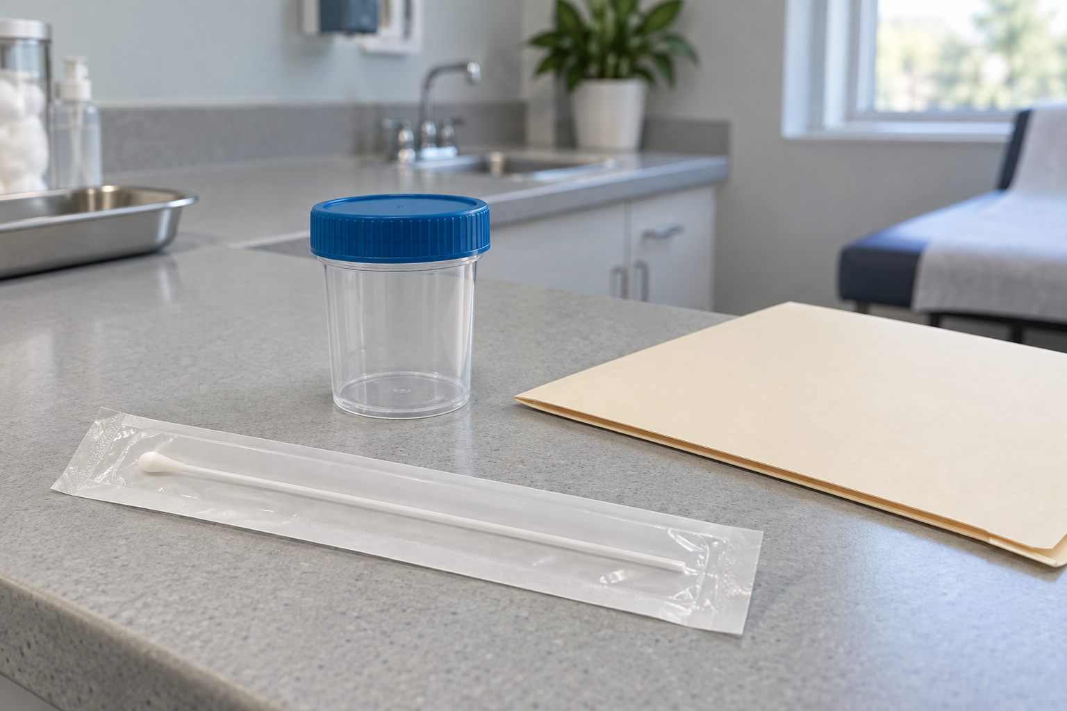 An unused sealed single-tipped collection swab, closed empty specimen container, and plain folder on a clinical counter.