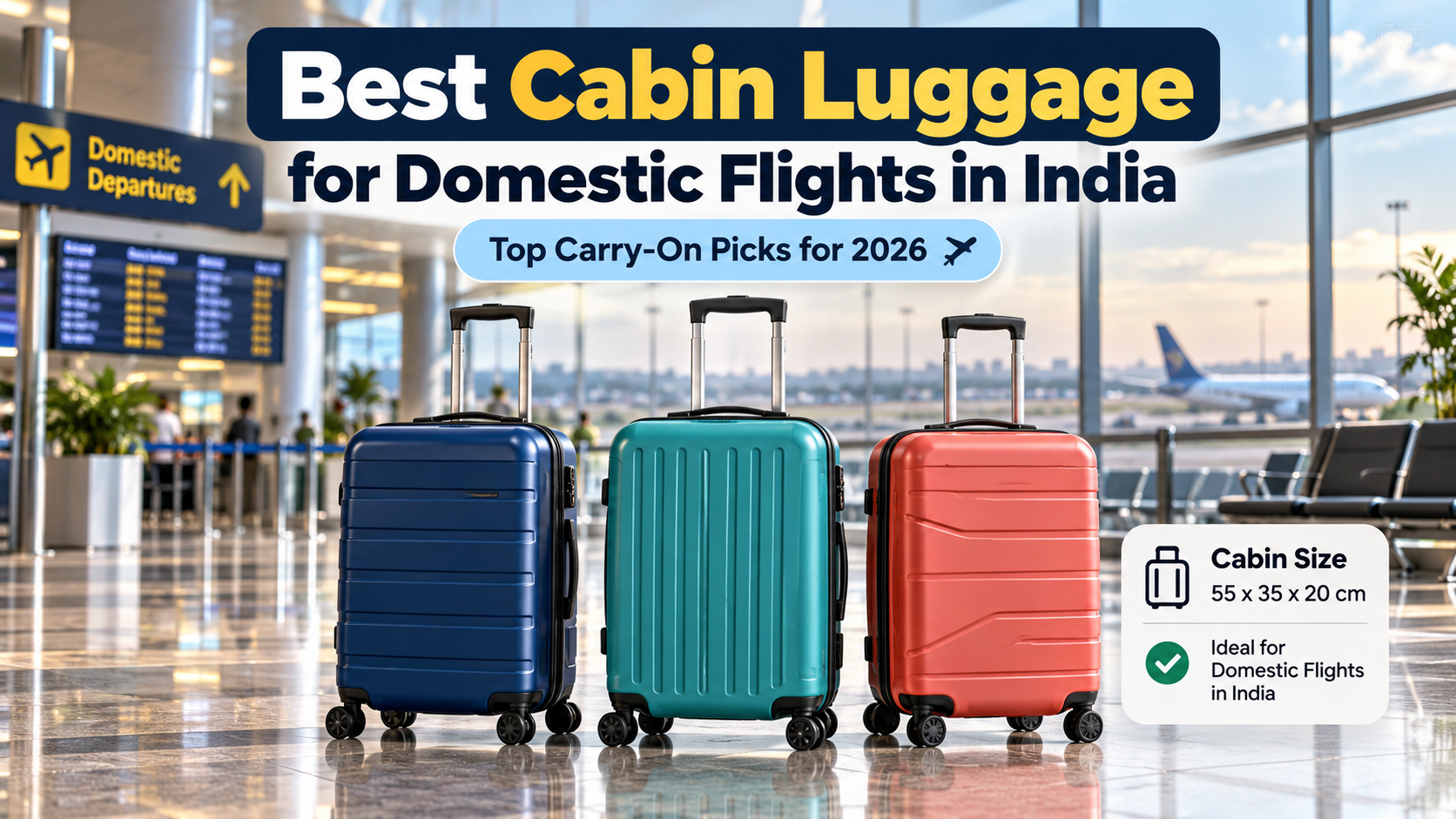 Three hard-shell cabin trolley bags in navy blue, teal, and coral at an airport terminal, showcasing the best cabin luggage for domestic flights in India in 2026.