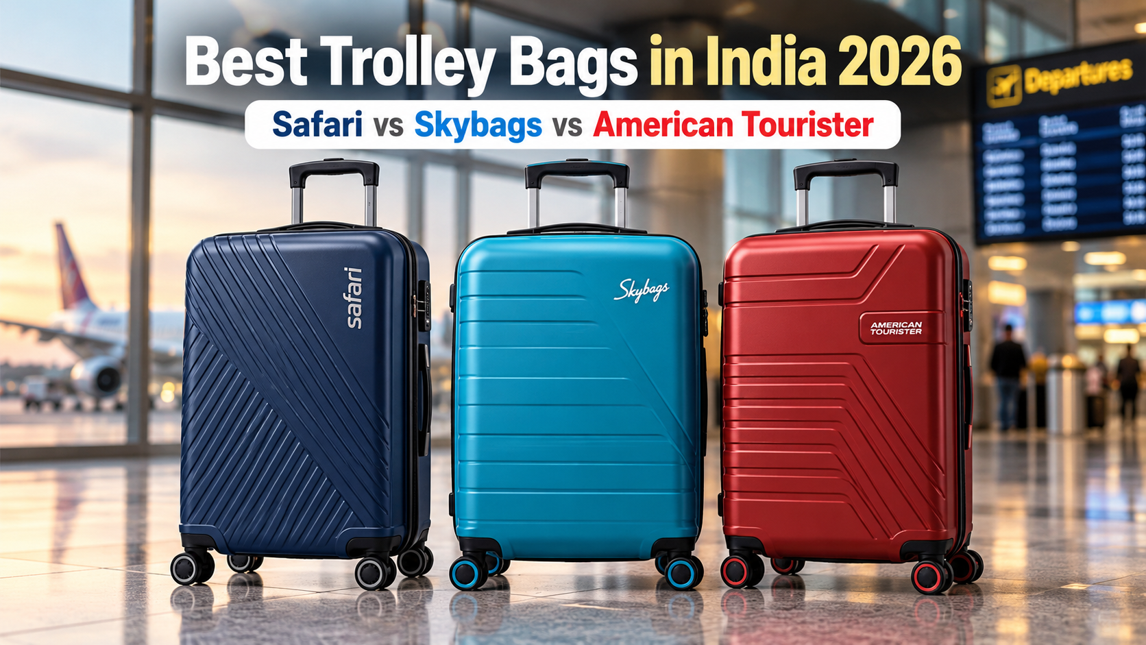 Comparison of Safari, Skybags, and American Tourister hard-shell trolley bags in blue, teal, and red at an airport, featuring the best trolley bags in India 2026.