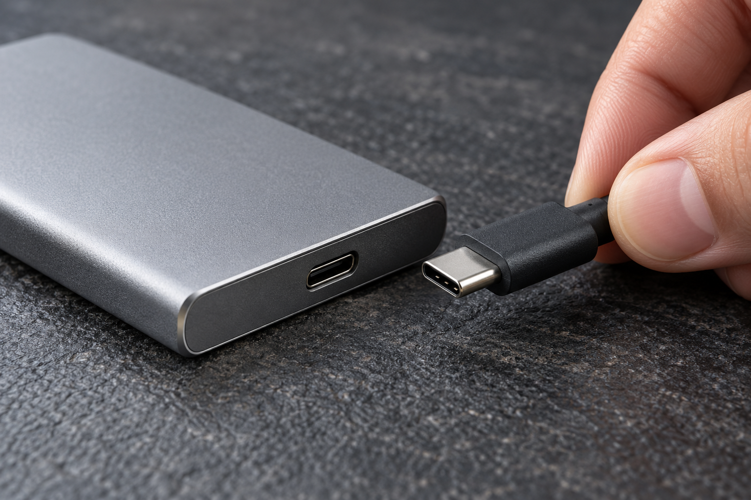 A hand holds a USB-C connector beside the matching port of a compact unbranded portable SSD.