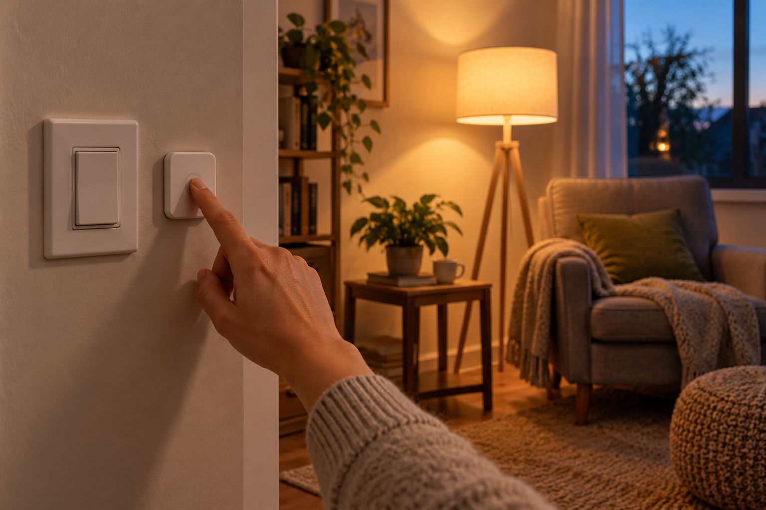 A hand presses a plain wall-mounted light-control button beside a switch while a floor lamp lights a reading chair.