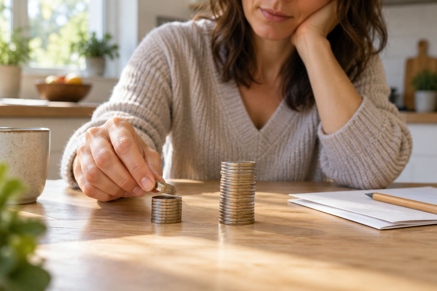 An adult arranges a small and a larger stack of coins beside blank papers on a kitchen table.