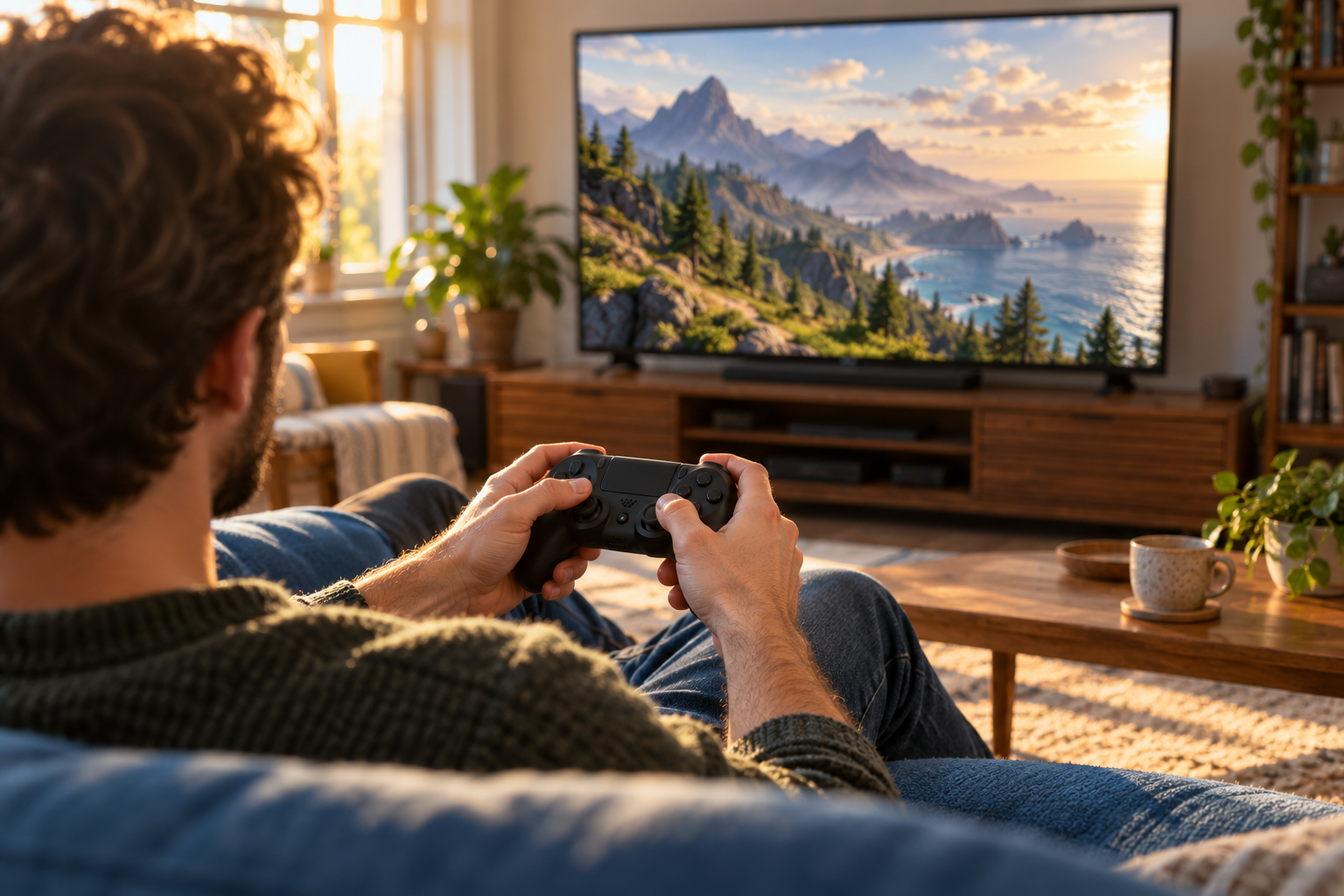 An adult holds a game controller on a blue sofa while a television displays an original mountain and coastal landscape.