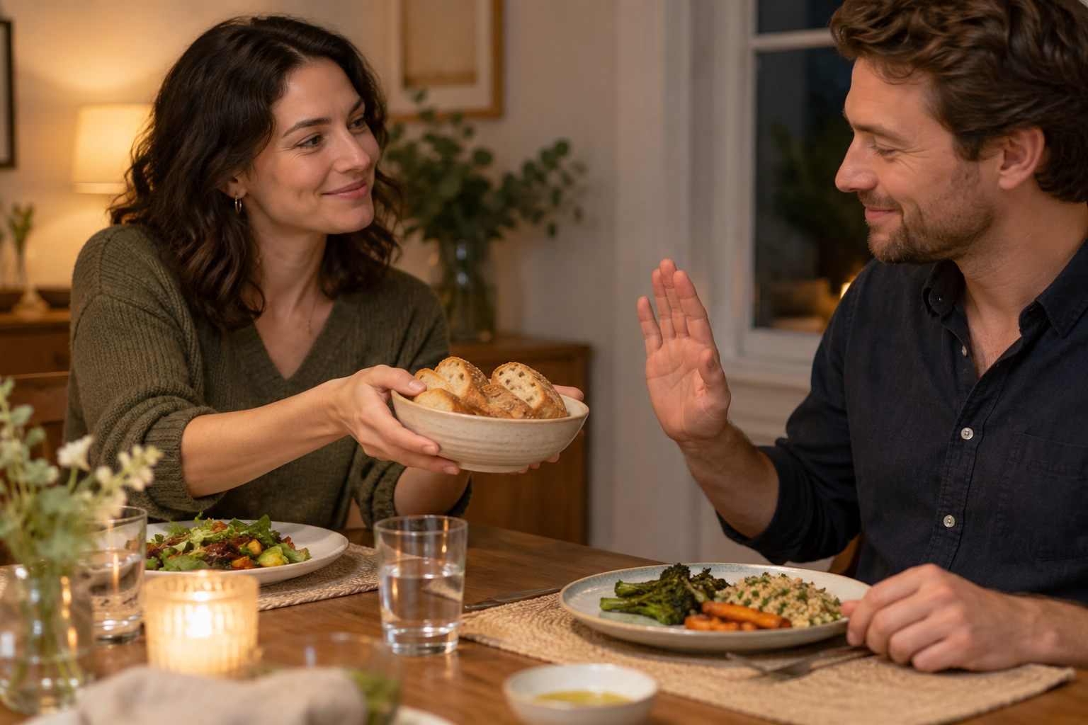 A dinner host offers a bowl of bread while a smiling guest politely raises a hand to decline.