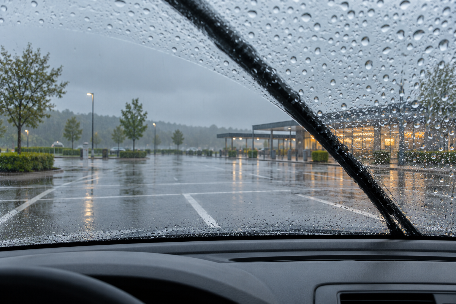 Rain covers a parked car's windshield as a wiper clears a view of empty service-area parking bays.