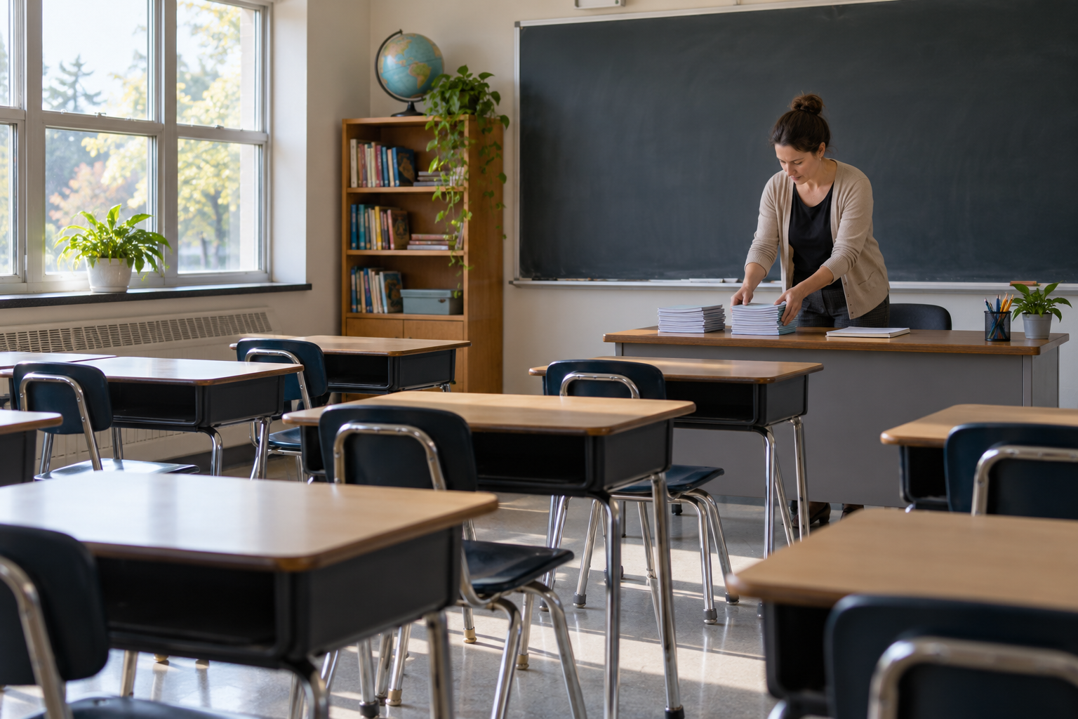 A teacher arranges exercise books at the front of an empty classroom with rows of student desks.
