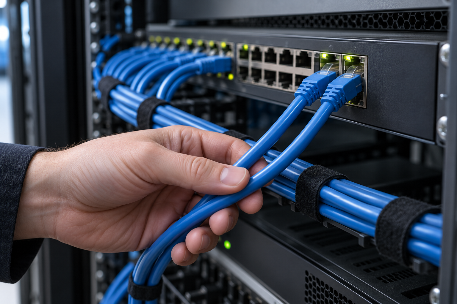 A technician's hand organizes two blue Ethernet cables connected to adjacent ports in a server-room network switch.