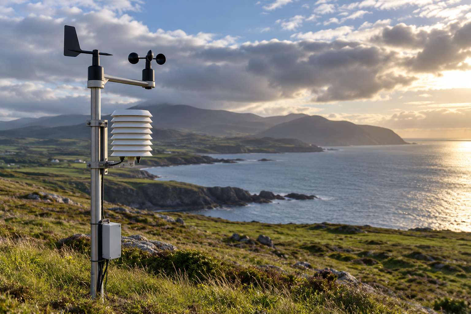 An unmarked weather station with a wind vane, cup anemometer, and white temperature shield stands on a grassy coastal hillside.