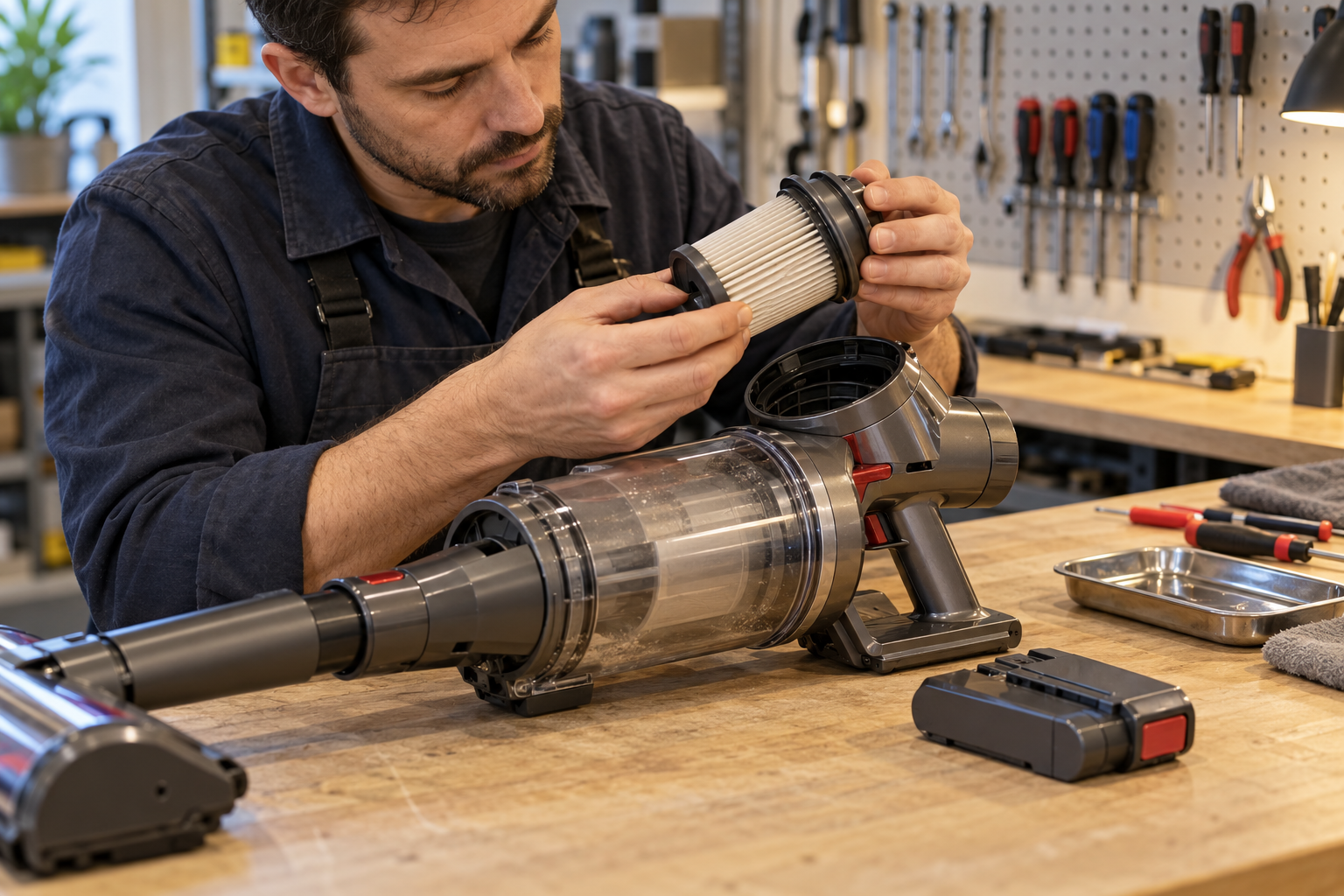 A repair technician examines a cordless vacuum filter on a workbench with the detached battery placed separately.