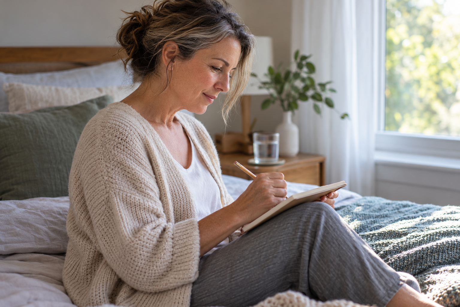 Woman writing appointment notes in a notebook beside a bedroom window