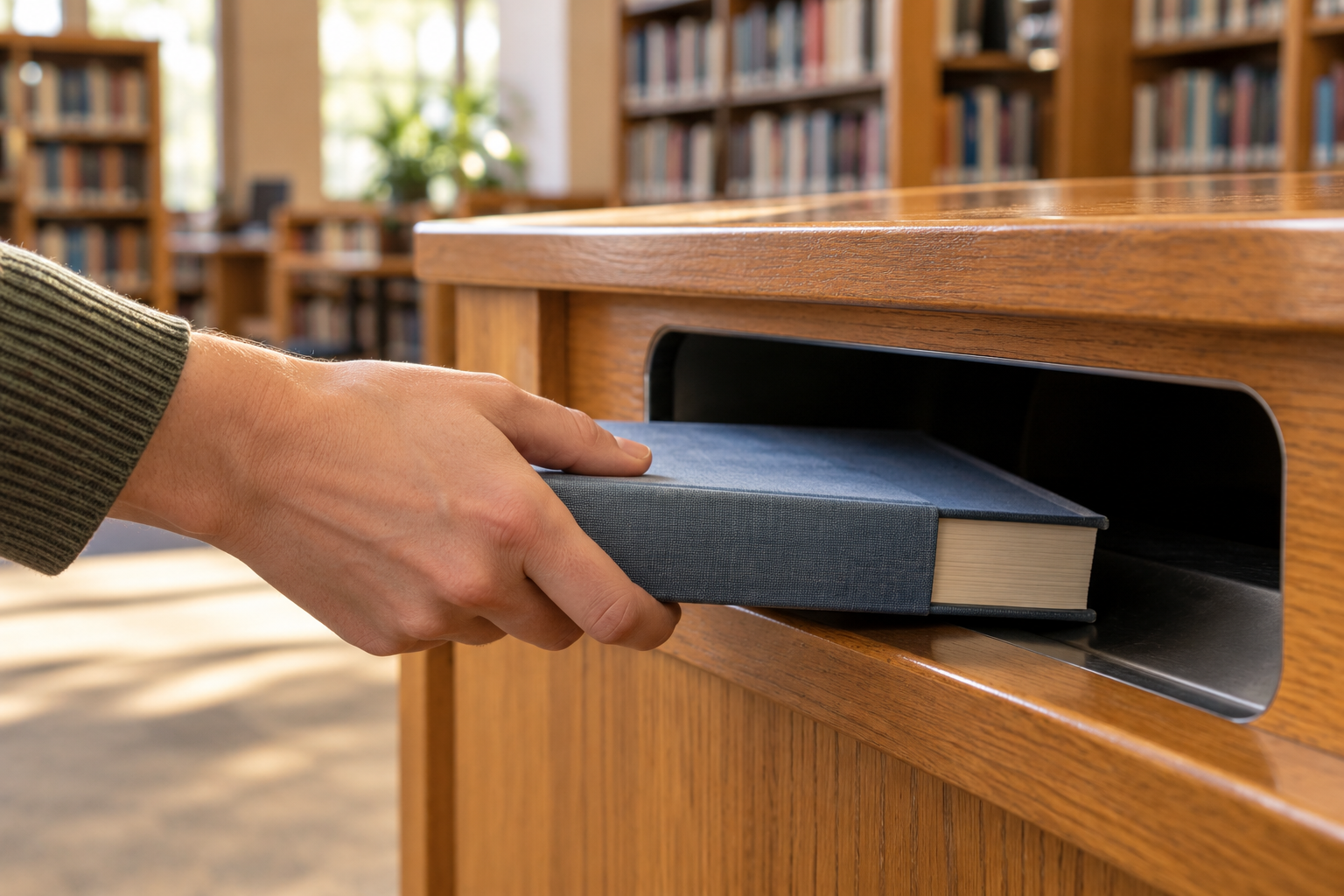 Hand returning a plain blue clothbound book through a library return slot