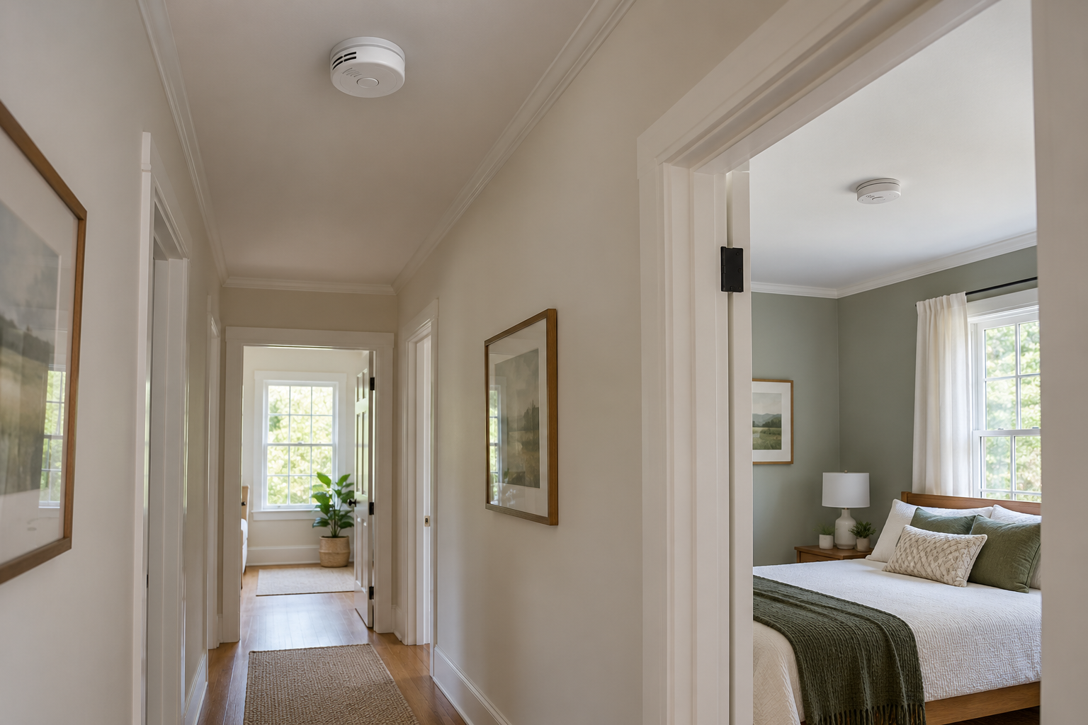 Smoke alarms mounted on the ceilings of a hallway and an adjoining bedroom