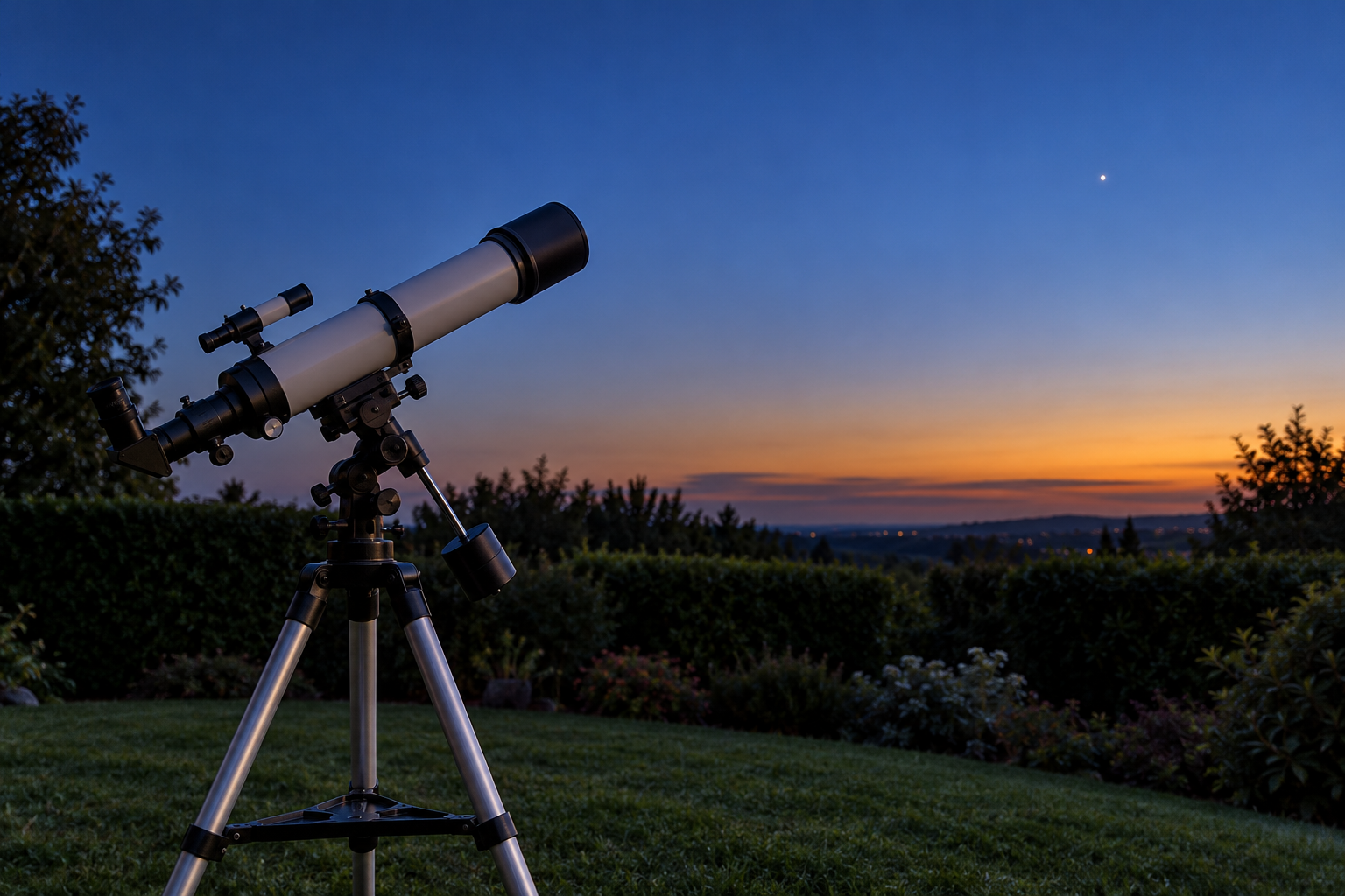 Small telescope on a backyard tripod under a blue twilight sky with a bright point above the horizon