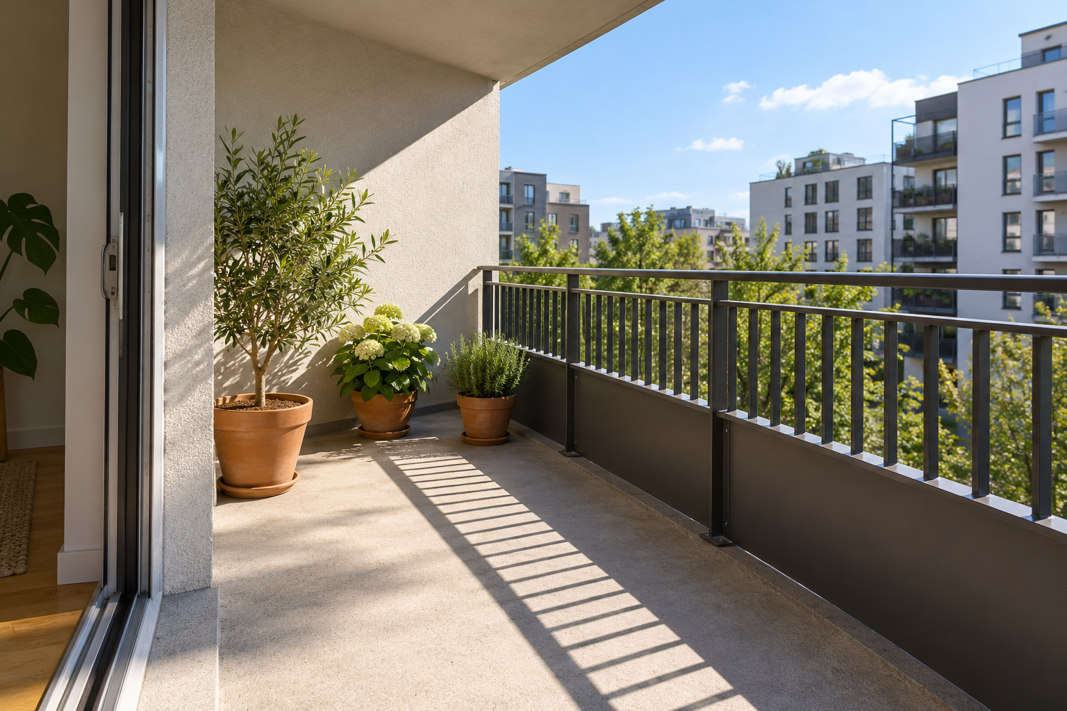 Terracotta plant pots on a balcony floor divided between sunlight and railing shade