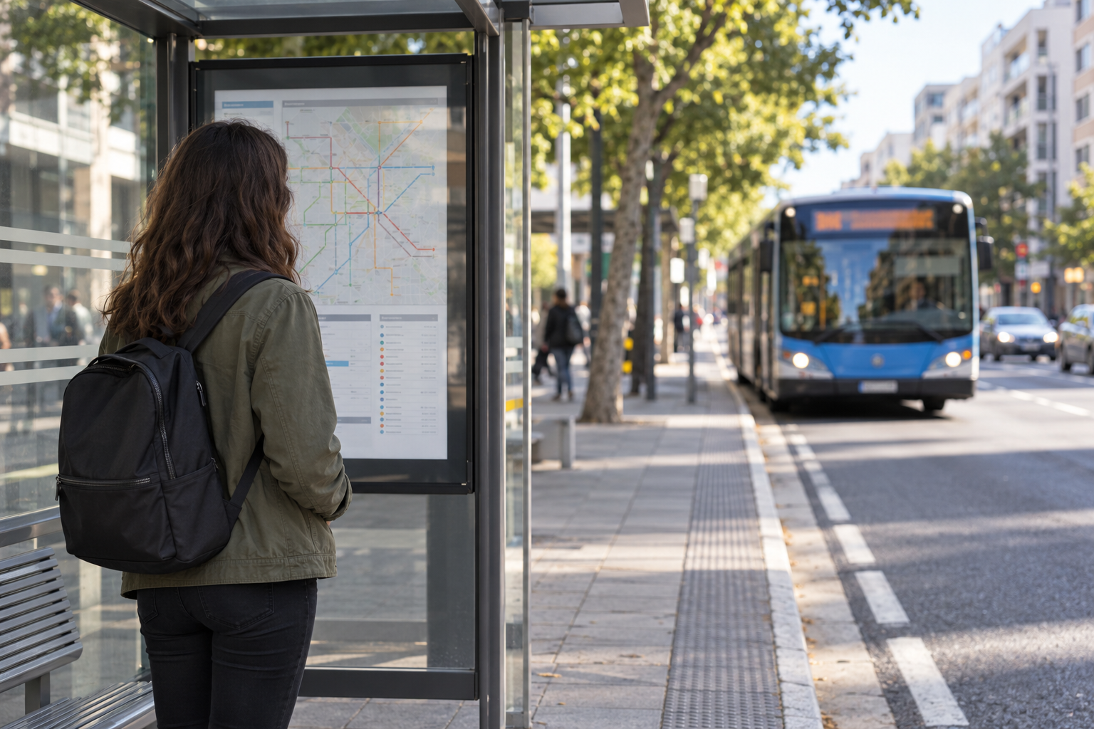 Passenger checking a route panel inside a bus shelter as a bus approaches along the street