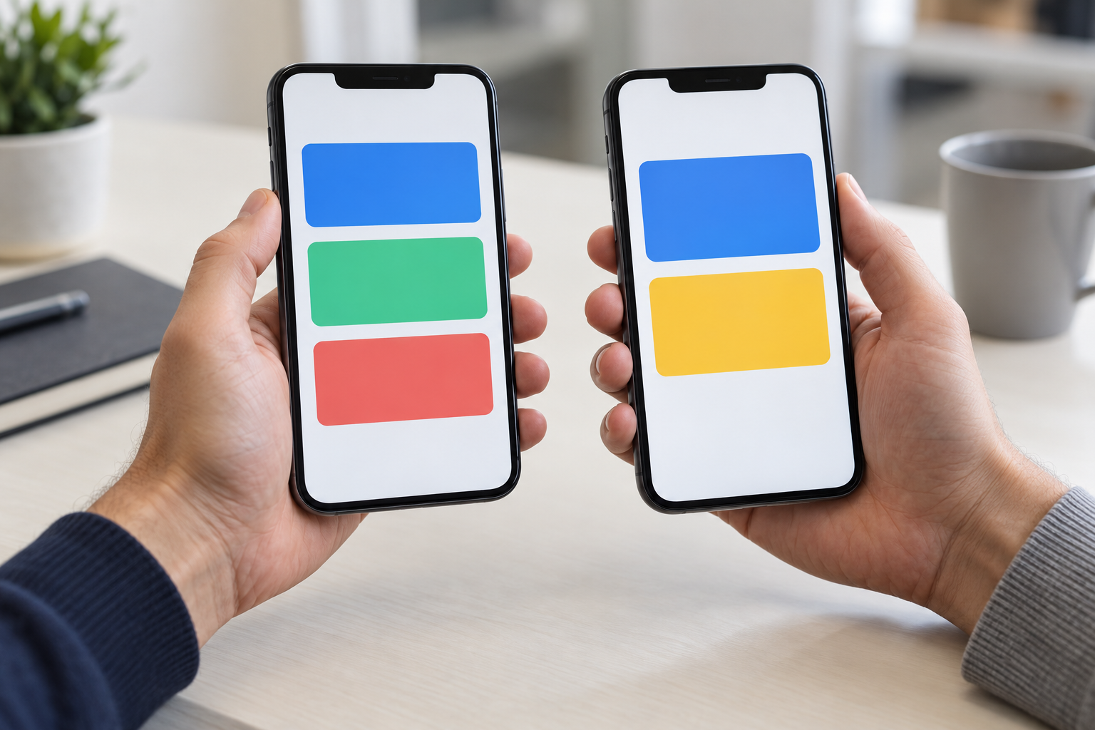 Two smartphones showing different abstract layouts held side by side above a testing desk