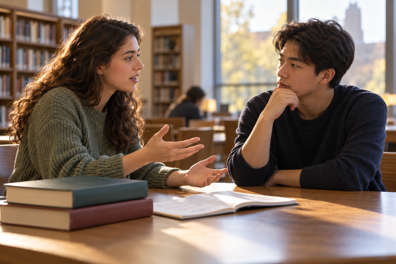 Two university students discussing a study topic at a library table with books and a notebook