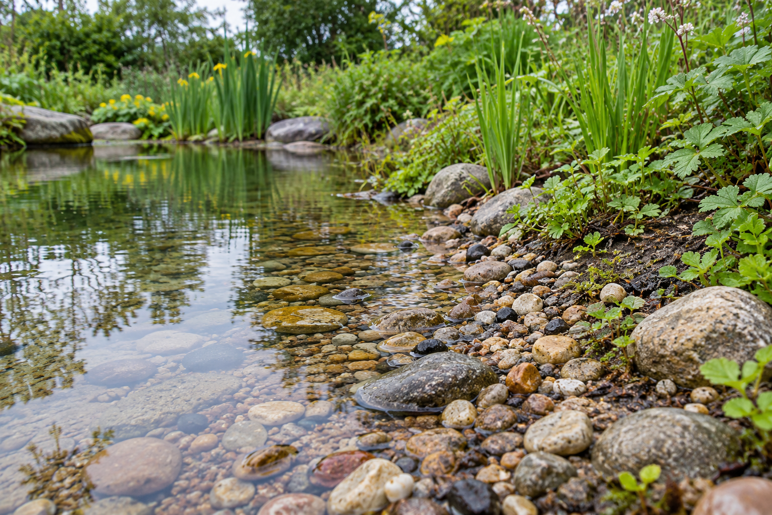 Gently sloping pebbled margin connecting a garden pond's shallow water to planted soil