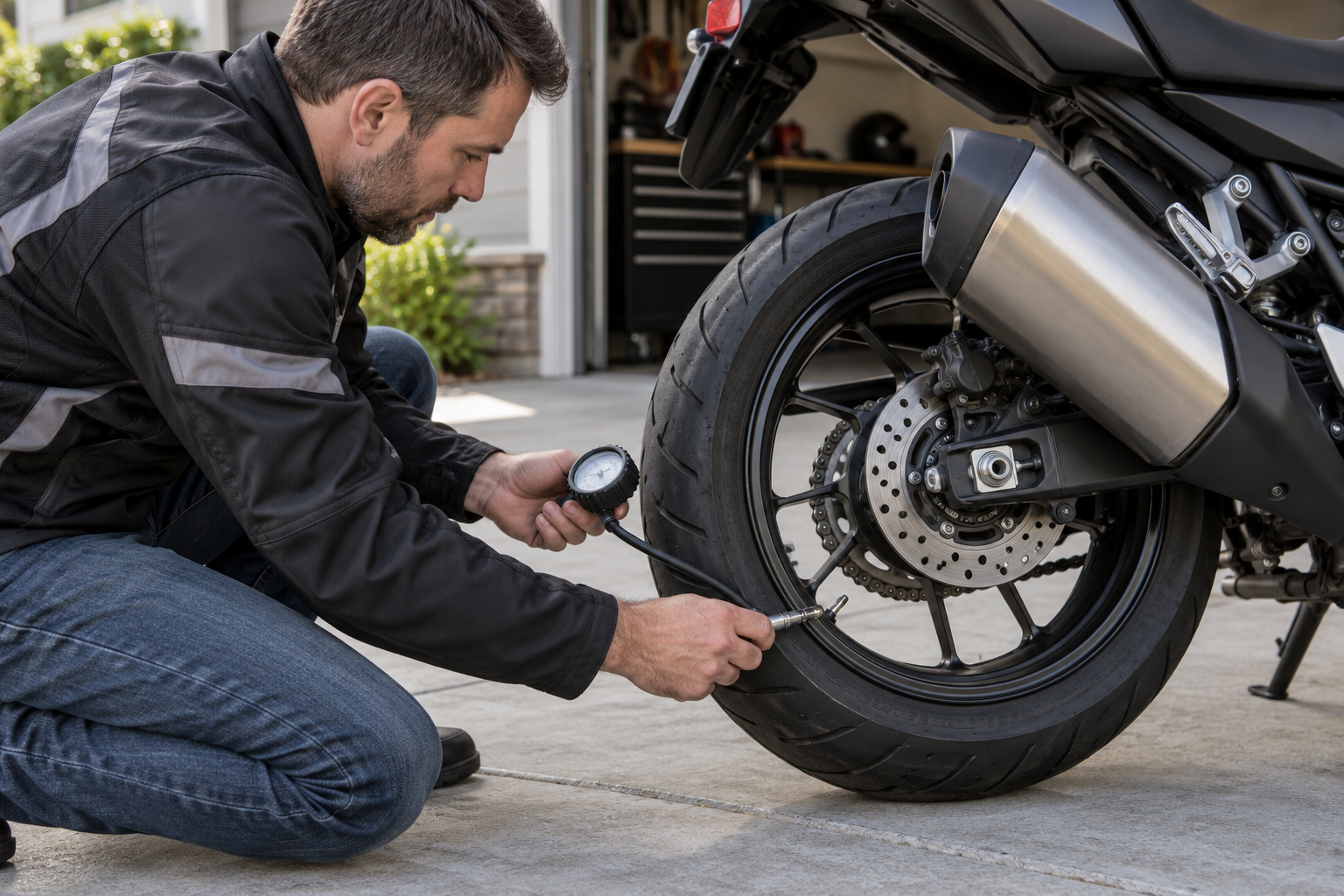 Rider checking the stationary rear tyre of an unbranded motorcycle with a pressure gauge