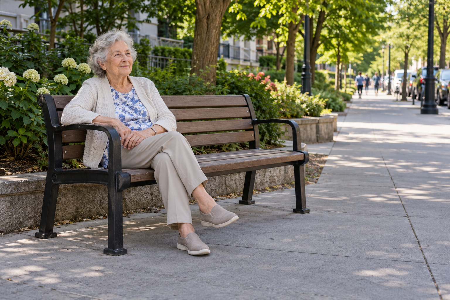 Older woman resting on a bench with a back and armrests beside a clear neighbourhood pavement