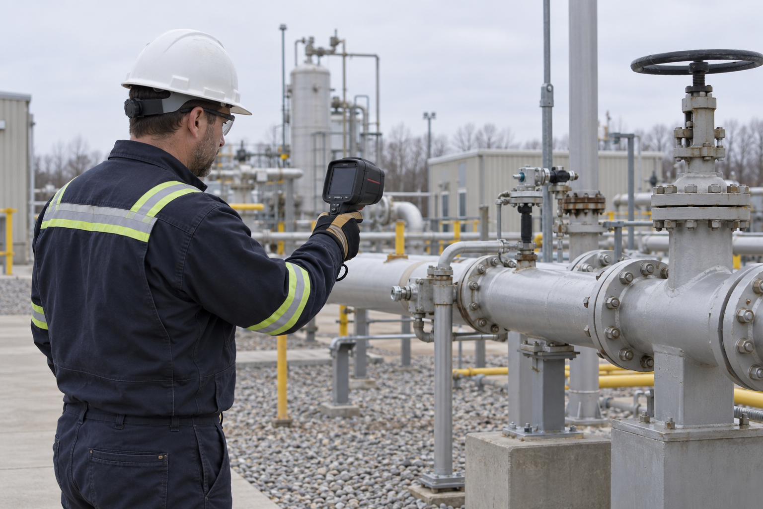 Technician surveying outdoor gas-pipe connections with a handheld infrared inspection camera