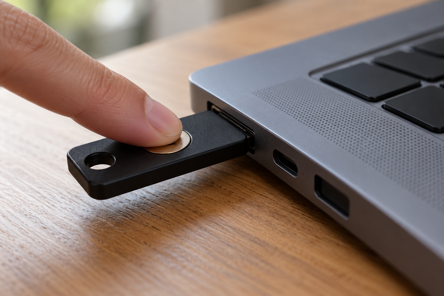 Fingertip touching a plain hardware security key connected to a laptop's USB port